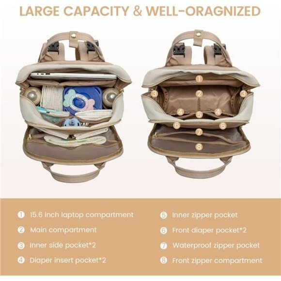LOVEVOOK Diaper Bag Backpack Large Baby Bag with Pad Waterproof Beige Khaki - Picture 2 of 7